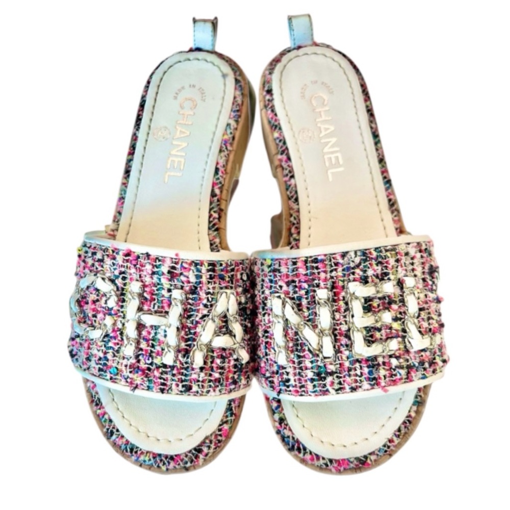 💞"CHA""NEL" Intertwined Leather Chain Tweed Mules Flats Sandals • PINK • 36.5 EU - Picture 13 of 14